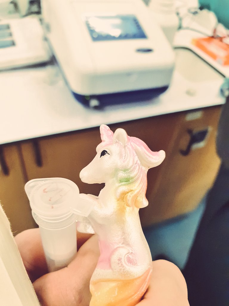 Dana25x's tweet photo. Lab pic ft unicorn pen 🌈🦄 I love doing lab work and it's a lot of fun working with my own DNA #DissertationFun https://t.co/StZWDw1vVI