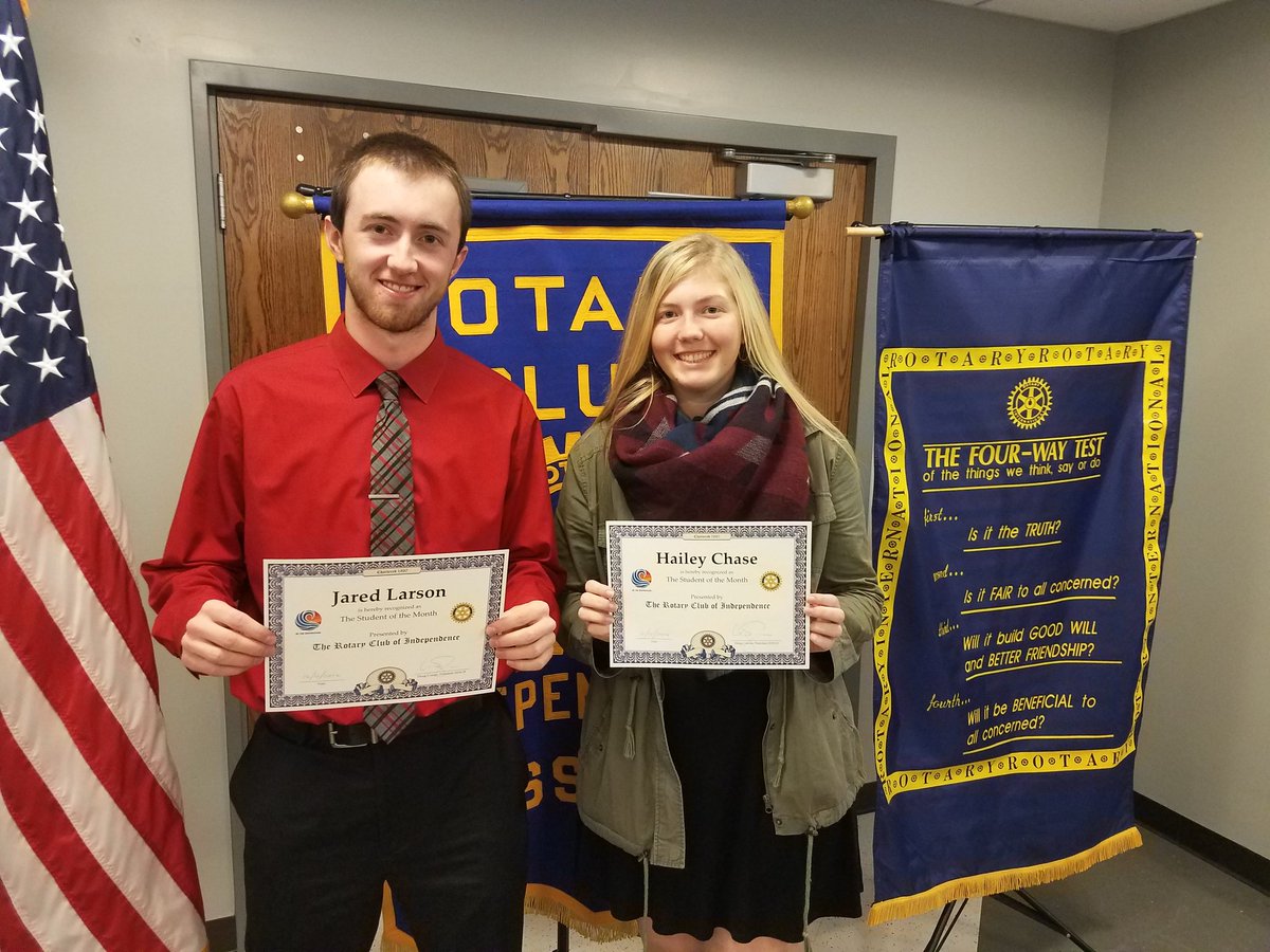 DrJSnodgrass's tweet photo. Celebrated Jared Larson and Hailey Chase at @IndepMoRotary today for being selected as the students of the month. #fortproud https://t.co/bpklLl9b5M