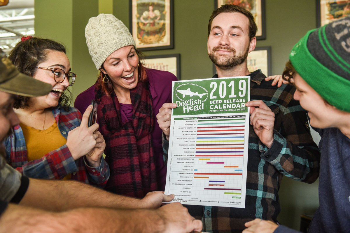 dogfishbeer's tweet photo. Our 2019 Beer Release Calendar has arrived! We've got some big things planned - including the return of World Wide Stout, a super new offering by the name of SuperEIGHT &amp; we're getting the band back together for American Beauty! But that's not all... https://t.co/n3803mGA03 🍻 https://t.co/BlYzbmz2ri