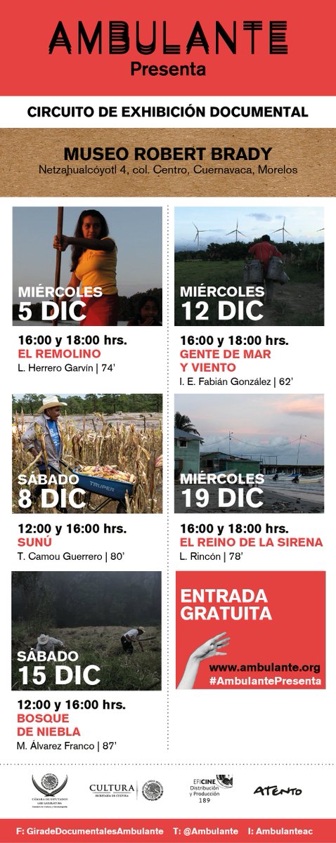 AmbulanteCuerna's tweet photo. ¡Les tenemos excelentes noticias!

Llegamos a Cuernavaca, Morelos con #AmbulantePresenta.

Los queremos ver a todos en Museo Robert Brady desde mañana y hasta el 19 de diciembre.

Pasen la voz... https://t.co/7RC7J31IWN