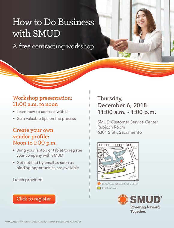 SMUD wants to work with small, local businesses! Find out how your business can benefit from "Doing Business With <a href="/SMUD/">SMUD</a>" Thursday, Dec. 6, 11am to 1 pm, at SMUD, 6301 St. St., Sacramento. Bring a laptop and your business cards! Register now! business.rainbowchamber.com/events/details…