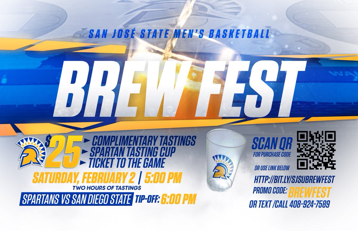 Back by popular demand on 2/2/19 vs SDSU!!!

💲2⃣5⃣
▶️Same 6 Breweries 
▶️2 hours of tastings of @SJSUMBB COURTSIDE tastings 🍻
▶️GA Game 🎟️

bit.ly/SJSUBREWFEST 
Promo Code: Brewfest

<a href="/HapasBrewing/">Hapa's Brewing</a> <a href="/brewgoldenstate/">Golden State Brewery</a> <a href="/CaminoBrew/">Camino Brewing Co.</a> @gordon_biersch <a href="/strikebrewingco/">Strike Brewing Company</a> <a href="/hermitagebrews/">HermitageBrewing</a>