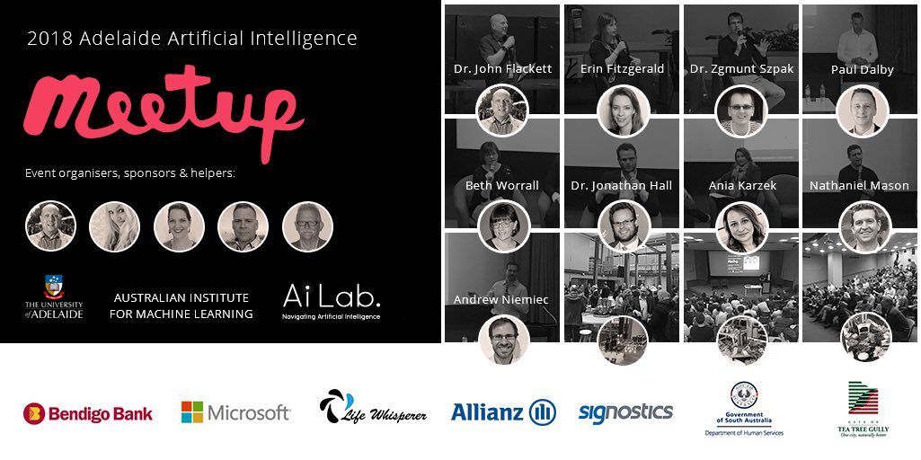 It’s been so much fun organising the #AdelaideAI meetup since the launch in August ‘18. We’ve loved showcasing the fantastic #AI speakers, talent &amp; work happening in #Adelaide &amp; #SA. DM us if you’d like to be involved in 2019! BIG thanks to the #AICommunity, sponsors &amp; speakers👇