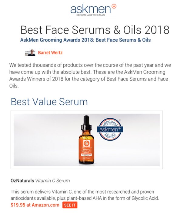 dnapublicity's tweet photo. Amazing news! @oz_naturals Vitamin C + AHA Serum has been named “Best Value Serum” in @AskMen’s Grooming Awards 2018: Best Face Serums &amp; Oils #askmen #oznaturals #groomingawards #2018 #vitaminc #face #serum #best https://t.co/Kq98oW0ZrI