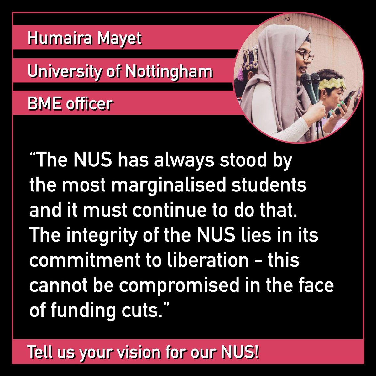 DefendNUSLib's tweet photo. Humaira Mayet - BME Officer at the University of Nottingham
➡️ Tell us what you want the future of NUS to be:
https://t.co/ZPxcPZwitI
➡️ And sign our statement:
https://t.co/VgB2TwohZB
#DefendNUSLiberation https://t.co/Pn0dwHAY23