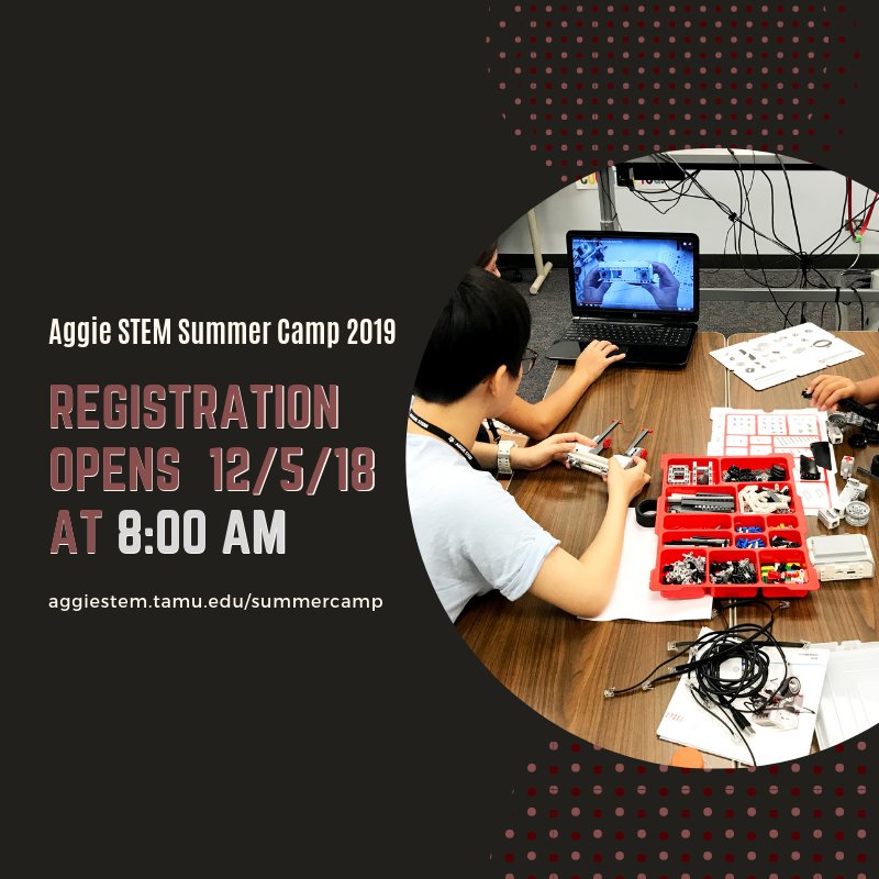 AggieSTEM's tweet photo. Registration opens tomorrow! https://t.co/XLaTftlLds 
#stemeducation #summercamp #stem #aggiestem #ASSC2019 https://t.co/VZMo05yAlZ