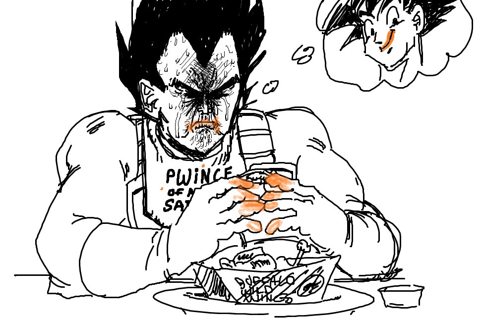 ko-fi req: 'I would like to request Vegeta eating an order of Blazin hot wings at Buffalo Wild Wings because he heard that Kakarot can easily eat them but hes clearly having trouble eating them but he wont stop because of his Saiyan pride and has this really intensely angry face'