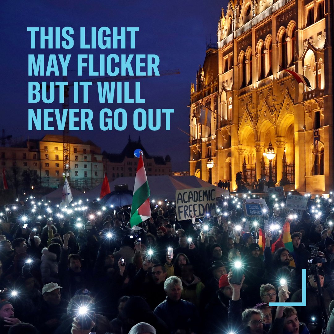 "This light may flicker but it will never go out." text against an image of a protest in support of CEU in front of Parliament in Budapest, Hungary.