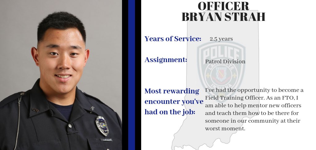 LafayetteINPD's tweet photo. Get to know the members of #LPDIN. Today on our #LPDWeeklySpotlight we have Officer Bryan Strah.
Be sure check in tomorrow from 7-10pm to follow along with our Live ride/tweet along with Officer Strah! ๐ https://t.co/MNTVvmddYQ