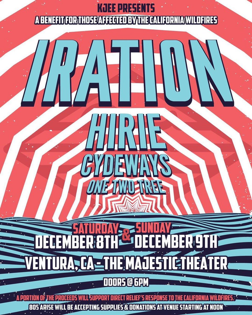 <a href="/929KJEE/">92.9 KJEE</a> presents <a href="/Iration/">Iration</a> at The Majestic Ventura Theater with special guests <a href="/HIRIEmusic/">HIRIE</a> , <a href="/CydewaysMusic/">Cydeways</a> , and <a href="/onetwotreecomau/">onetwotree</a> . These special shows will benefit those affected by the California Wildfires, a portion of the proceeds will help support Direct Relief 🙏🏽