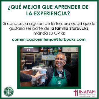 Starbucksmx1's tweet photo. ¡Estamos contratando! 

Starbucks, junto con el Instituto Nacional de las Personas Adultas Mayores (INAPAM), se aliaron para crear el mejor programa.  

Si conoces a alguien de la tercera edad que busca trabajar, mándanos su CV a: comunicacioninterna@Starbucks.com https://t.co/FMeDZ8sO5p