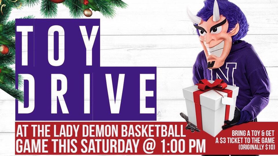 NSUDemonsVB7's tweet photo. Hey Demons fans! Help support @NSUDemonsWBB &amp; donate to a great cause by bringing a toy to the game this Saturday! Also stop by Walmart from 1-2pm this Friday to see @NSUDemonsVB collecting change for the M.A.S.H toy drive 🎄🎅🏼😈🤘🏼🏐 https://t.co/LkNIkGGZLj