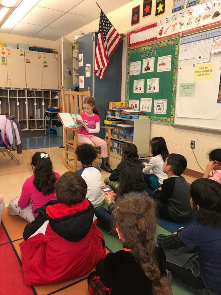 Ms. Malman's third grade student chose to volunteer in a first grade classroom as a <a href="/ClassDojo/">ClassDojo</a> reward. The first graders loved welcoming their special guest reader 📚 #studentleader #studentreader