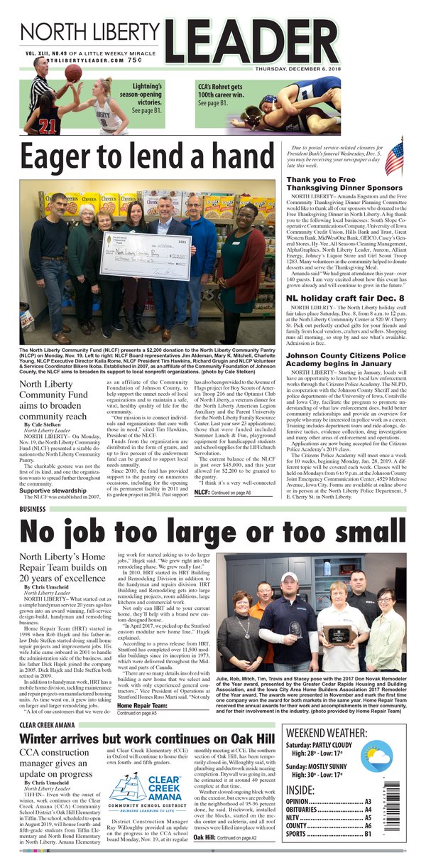 The NL Community Fund aims to broaden its reach, Oak Hill Elementary progress and more in this week's edition!

Note: Due to postal service-related closures for President Bush's funeral, subscribers may receive the paper a day late this week.

northlibertyleader.com/content/subscr…