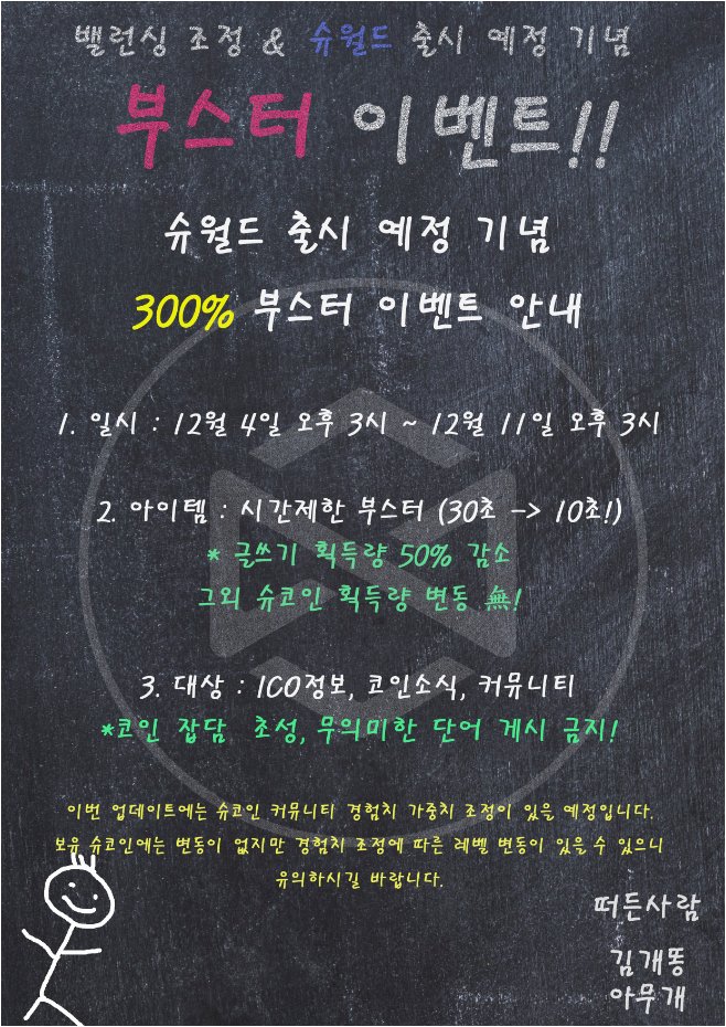 SUCON53385946's tweet photo. #슈콘 의 #이벤트 는 계속된다! 돌아온 #부스터 이붼~~~트!!
다음주 까지 계속!! 300% 코인획득 부스터 효과!
조회왕 이벤트도 시작했는데 한번 #가즈아!

자세한 내용은 커뮤니티 #이벤트 공지란을 참고해주세요
커뮤니티 : https://t.co/yQXn0uxRND https://t.co/9E5LdIg8ko