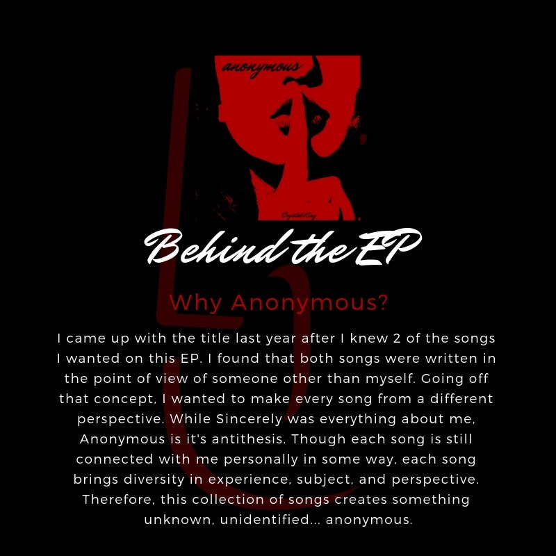 CrystalKingSing's tweet photo. Only 5 days until the release of #anonymous! Today we're talking about what anonymous means to me as a musician. Picking which songs to include in this EP was extremely hard, but I'm so proud that every song shows a different but important part of my life. #redyornot https://t.co/kOsXfo4SHZ