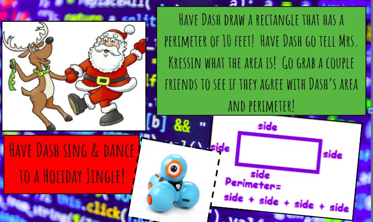 KressinsLessons's tweet image. This week&apos;s @WonderWorkshop Dash Challenge has been a big hit! Students have been coding dash to have a choreographed routine to their favorite holiday song! Epically wonderful! #CodeEd #code #codinglife