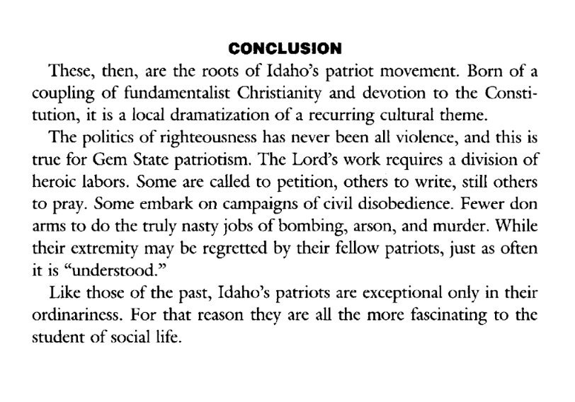 34) Probably the best sociological study of this culture was James A. Aho’s 1991 book, “The Politics of Righteousness,” which showed how self-described “Christian Patriots” were people who took conservative values to their illogical extremes. https://www.amazon.com/Politics-Righteousness-Christian-Patriotism-Samuel/dp/029597494X