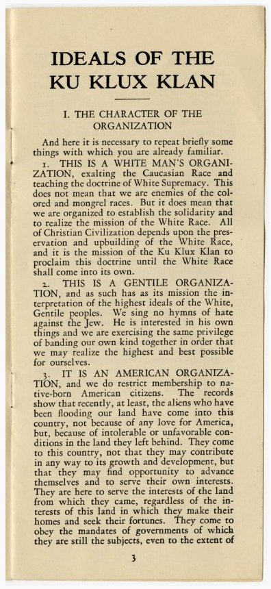 59) Here is a pamphlet explaining the ideals of the Klan in the 1920s. As you can see, it explicitly embraces conservative values.