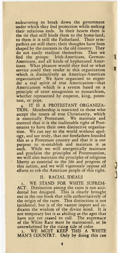 59) Here is a pamphlet explaining the ideals of the Klan in the 1920s. As you can see, it explicitly embraces conservative values.