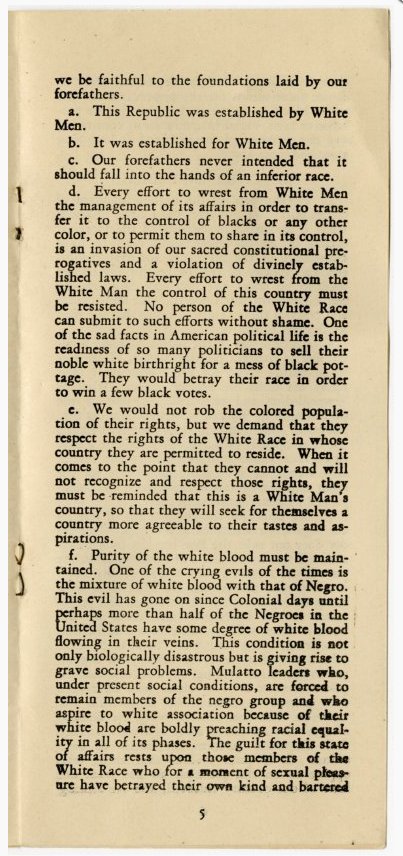 59) Here is a pamphlet explaining the ideals of the Klan in the 1920s. As you can see, it explicitly embraces conservative values.