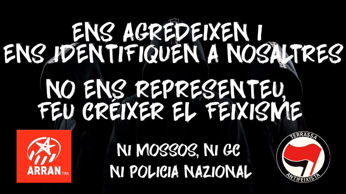arranterrassa's tweet photo. 👉 Ahir, després que els grups antifeixistes de la ciutat impedissin els atacs dels feixistes organitzats, la policia va identificar a una de nosaltres.

❗️Prou a la impunitat del feixisme ❗️Davant la col•laboració policial, autodefensa antifeixista 🔥 https://t.co/G4UnFgMeHw