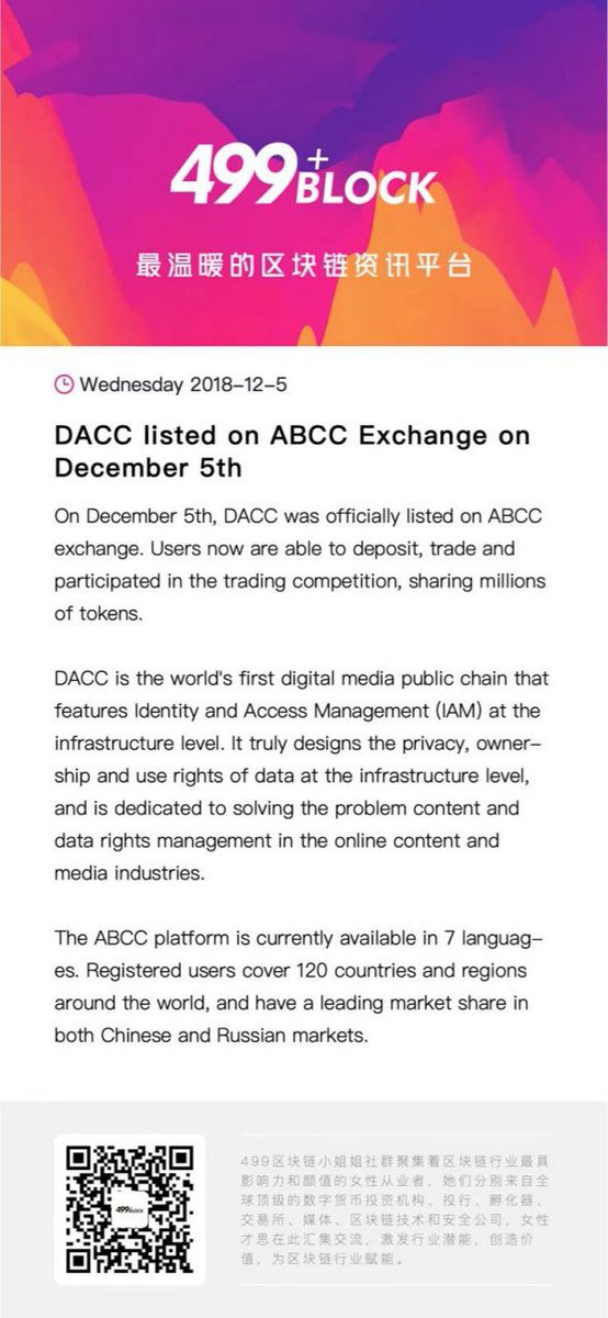 DaccLeader's tweet photo. DACC залистили на ABCC! ⚡ Вы можете торговать парой DACC/ETH с 15:00, 5 декабря (UTC+*)
Пару плюшек:
Пополните баланс от 70K DACC и получите 2% суммы депозита!
Торговый конкурс 7-14 декабря! Получите DACC за торговлю на ABCC!
Более подробно в нашем канале: @daccru.

$DACC #DACC https://t.co/Yjvog8rJgM