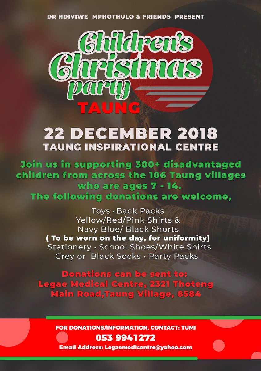 Nmphothulo's tweet photo. Came to Taung,from SOWETO, as a young Community Service Doctor 15 yrs ago.The poverty breaks my heart and this year I  want to put a smile on faces of children from disadvantaged families &amp; I decided to host a Children's  Christmas party..any form of contribution is welcome https://t.co/iOTGQJCtsw