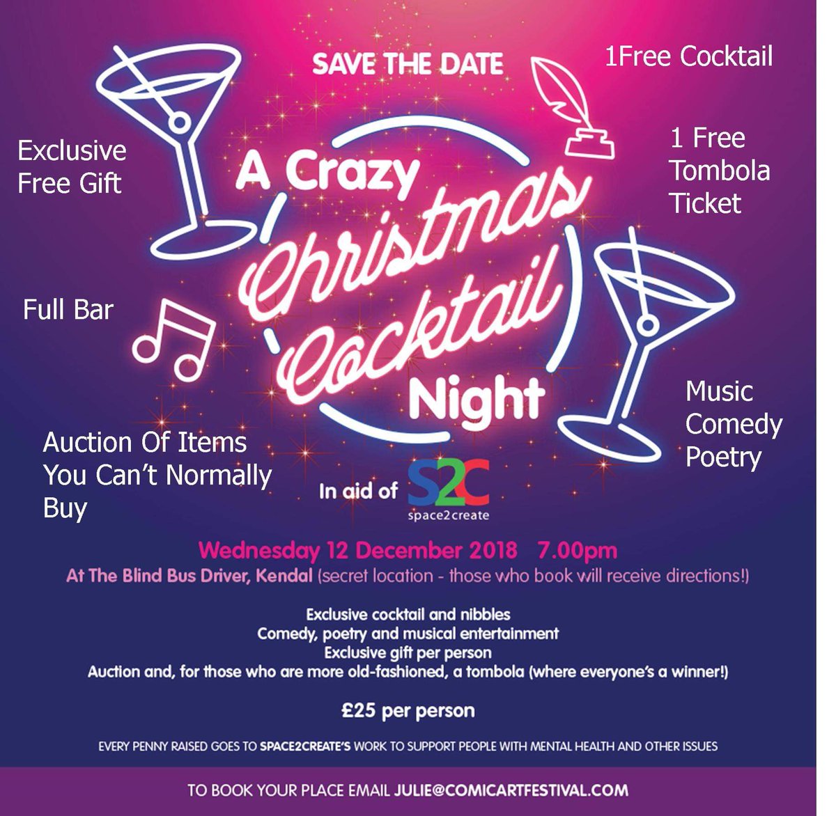 Tickets still available, free cocktail, free exclusive gift, free tombola ticket (some amazing prizes) and a chance to bid on our auction of things you can't normally buy.