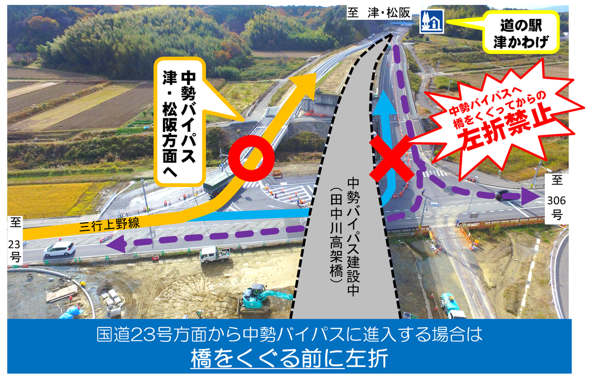 国土交通省 三重河川国道事務所 Auf Twitter 道路 昨日12月4日から 津市河芸町三行における中勢バイパスにて 車線運用が切り替わりました 県道三行上野線と中勢バイパスの交差点で 中勢バイパスに入る車線 が図のとおり変更になりましたので ご通行される