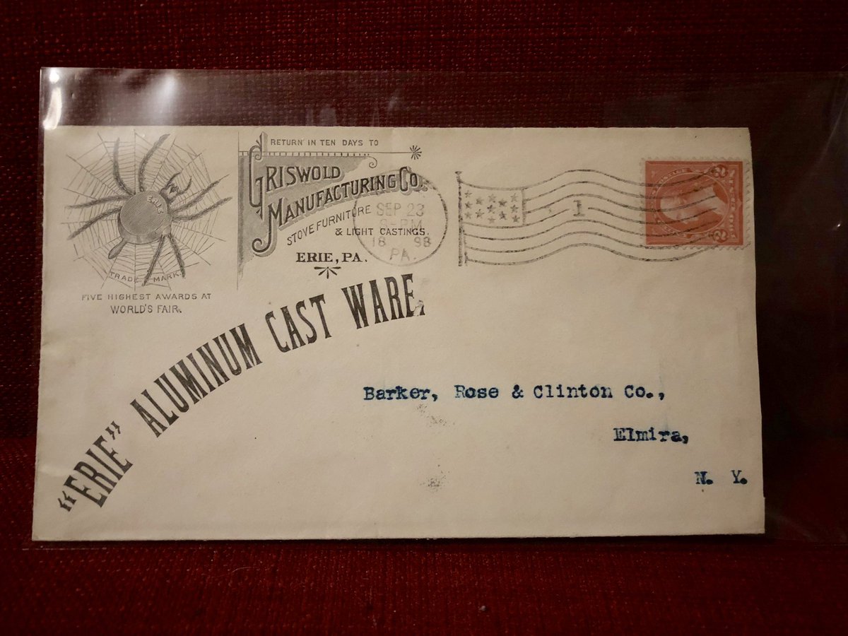 CastIronComm's tweet photo. Griswold Erie Cast Aluminum envelope! With the Erie Spider! Dated 1898! #CastIronComm https://t.co/yO3l2dEgqB