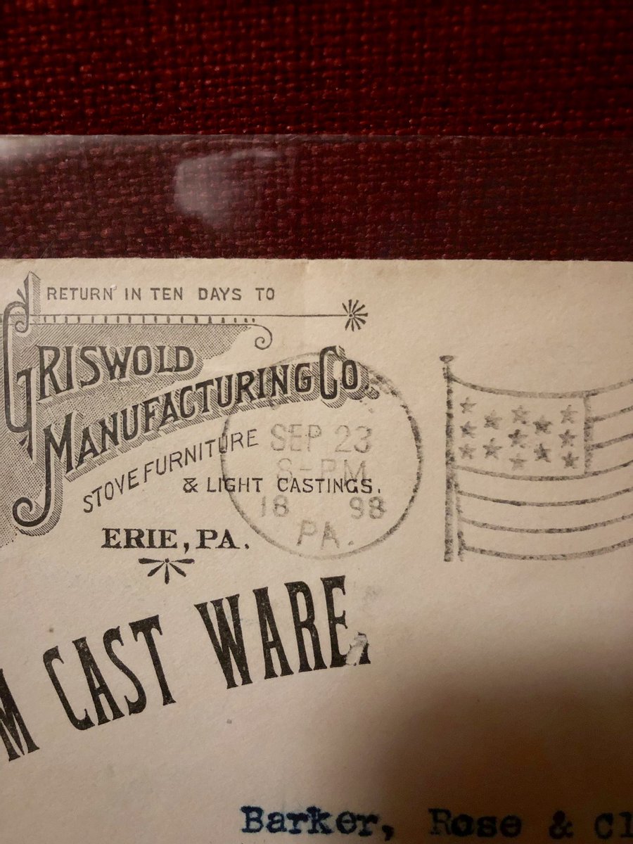 CastIronComm's tweet photo. Griswold Erie Cast Aluminum envelope! With the Erie Spider! Dated 1898! #CastIronComm https://t.co/yO3l2dEgqB