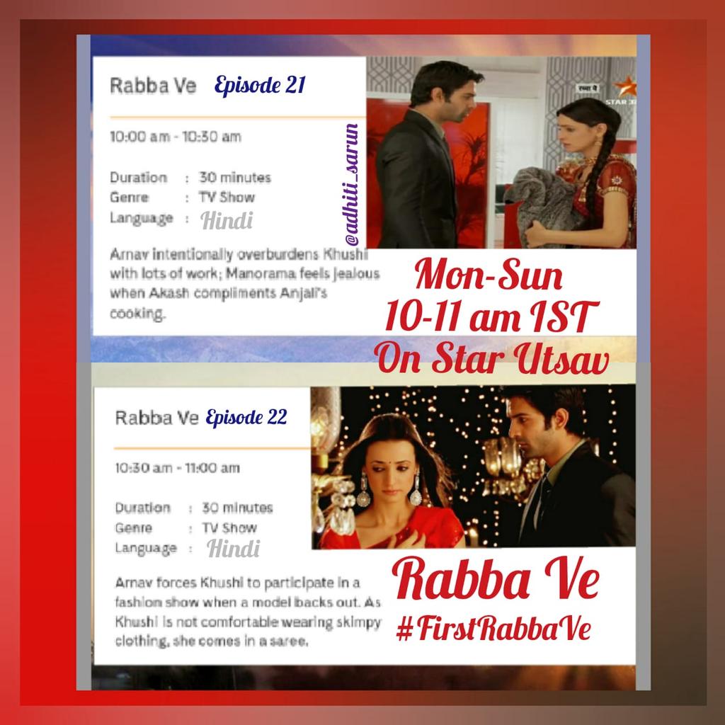 s_adhiti's tweet photo. Watch #RabbaVe again on @StarUtsavTweets 💖
MON-SUN 10:00 am to 11:00 am IST 😍
Today's Episodes, E21 & E22, 10-11 am IST on #StarUtsav 😍
#Arshi #FirstRabbaVe 🎶 😍 🎵
#IPKKND #IssPyaarKoKyaNaamDoon
#RabbaVeOnStarUtsav 💃💕
#ArnavKhushi
#SanayaIrani #BarunSobti #Sarun https://t.co/08qwrjn4fB