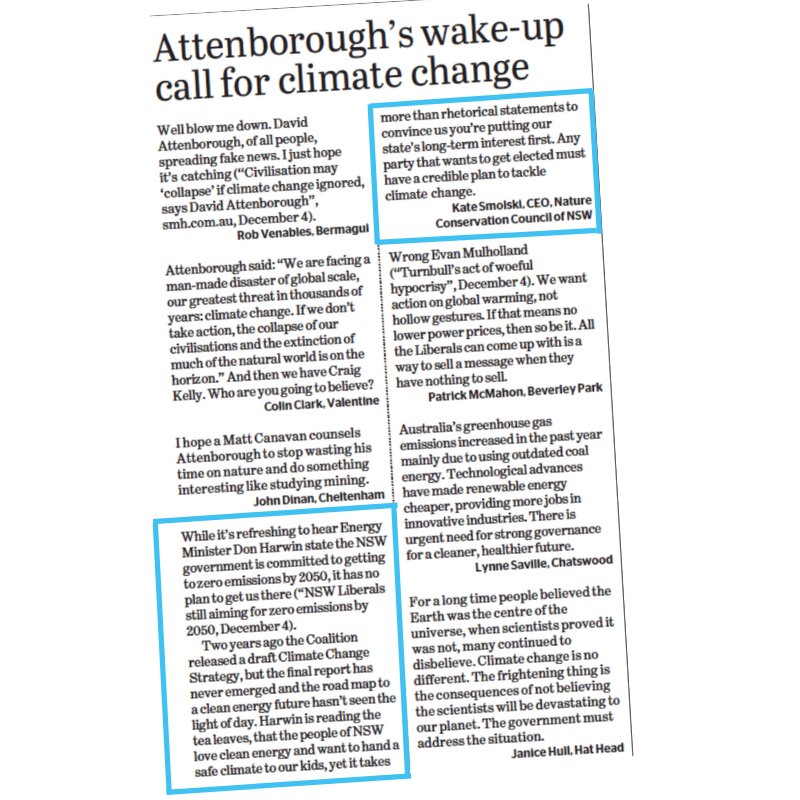 naturensw's tweet photo. Letter in the SMH today from our CEO @KateSmolski. The people of NSW are still waiting for a credible plan to tackle climate change, so where is it @GladysB and @Minister_Harwin? #RepowerNSW #climatestrike https://t.co/HAXUSsuHd9