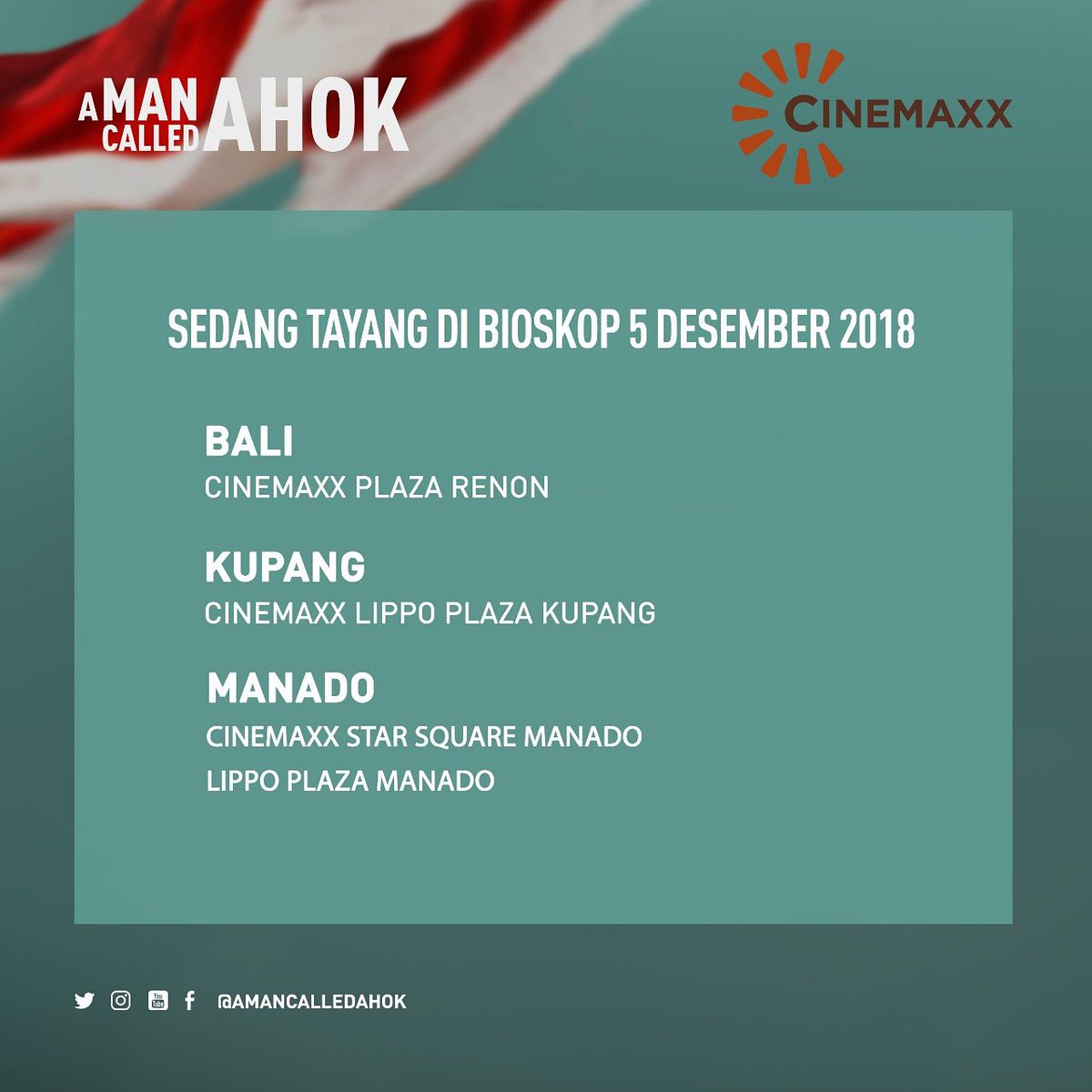 TutaFilms's tweet photo. MASIH TAYANG di bioskop @cinemaxxtheater hari ini.
#AManCalledAhok #filmAhok https://t.co/itDNRIx4zg