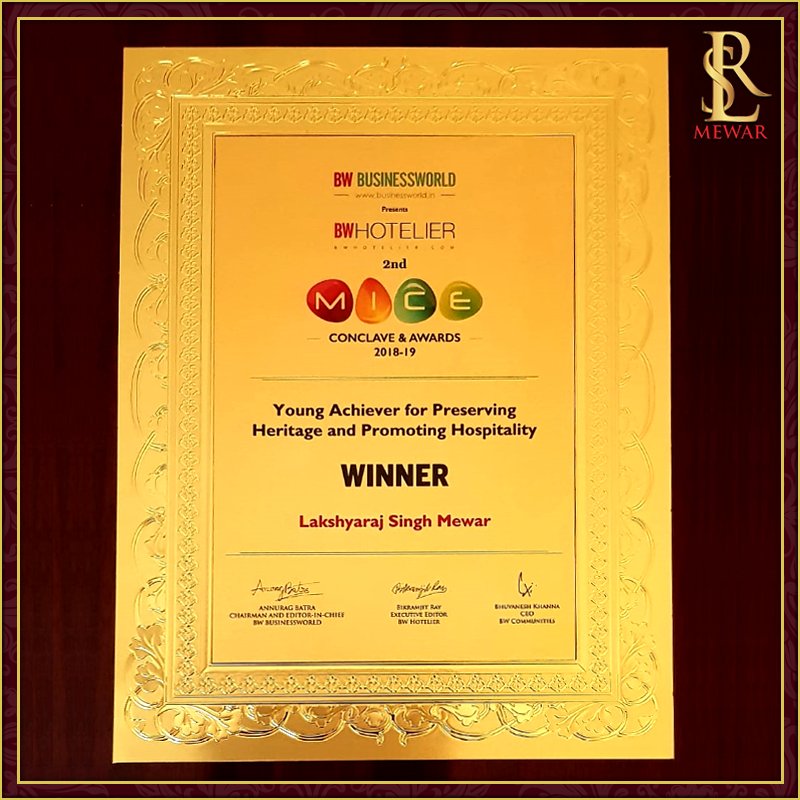 lakshyarajmewar's tweet photo. I feel honoured to have received the "Young Achiever for Preserving Heritage and Promoting Hospitality" award at the BW Hotelier MICE Conclave and Awards 2018. It inspires me to do more to preserve our heritage while promoting innovations in hospitality. #BWMICE #Award #LRSM https://t.co/wKRk4x8Yoe