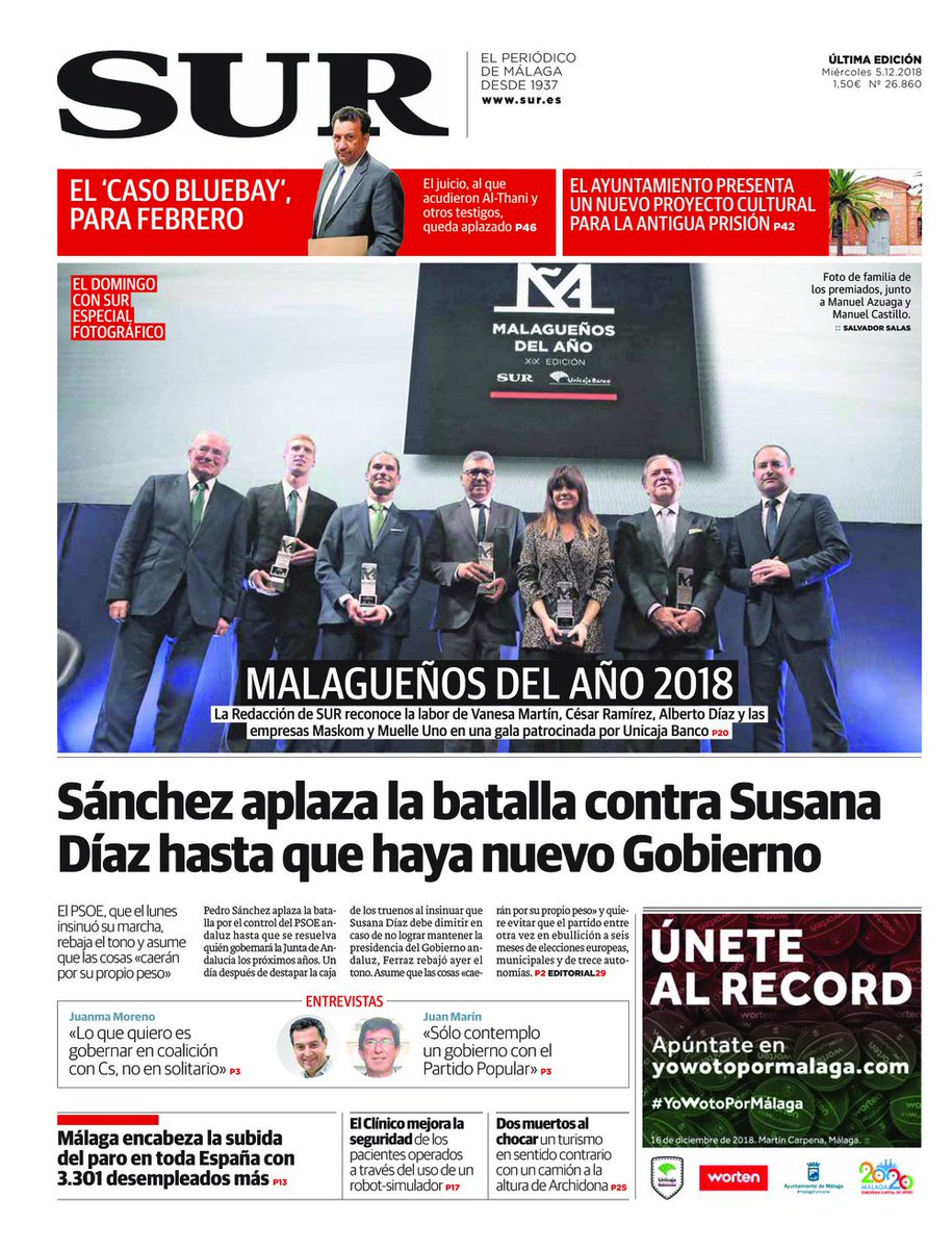 DiarioSUR's tweet photo. ¡Buenos días! Los galardonados en los #PremioSUR y la batalla de Sánchez contra Susana Díaz centran nuestra #PortadaSUR de este miércoles https://t.co/LuM5cJUWiN https://t.co/OKJQxI3lvx