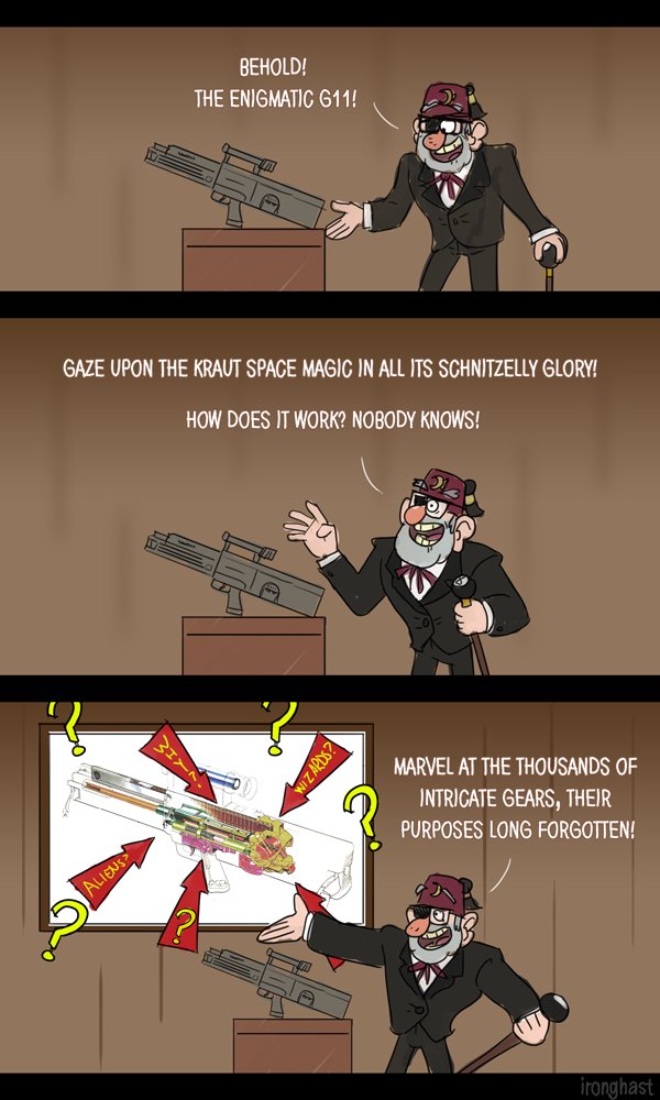 I read a /k/ thread a while back about Stan Pines; an anon on there wrote a Mystery Shack styled spiel about the Heckler &amp; Koch G11, so I sketched it up for them