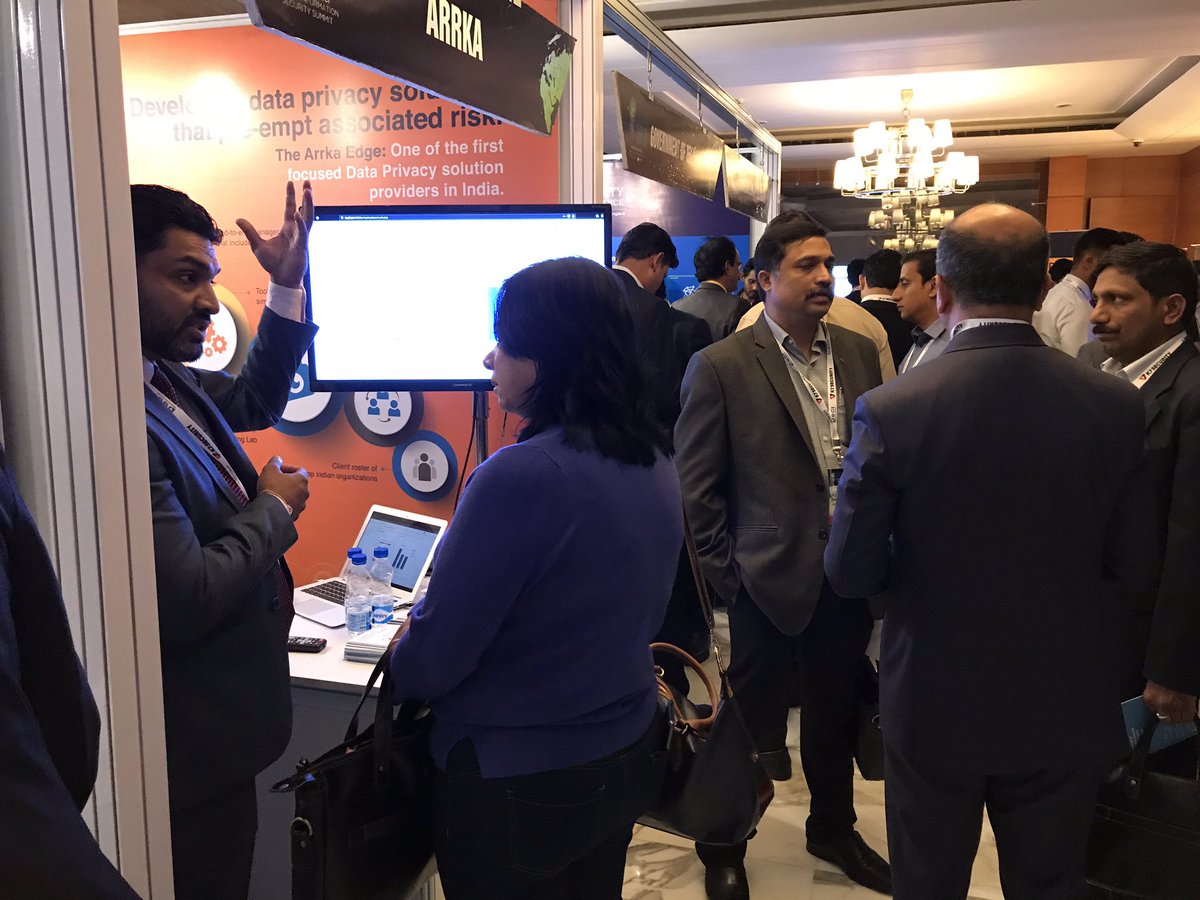 Delegates thronging the Arrka stall at #AISS2018. Interesting discussions around managing and automating Information Security and Privacy. <a href="/shivanginadkarn/">Shivangi Nadkarni</a> <a href="/sameeranja/">Sameer Anja</a> <a href="/Devendragupta/">Devendra Gupta</a> <a href="/unkitd/">Ankit Desai</a>