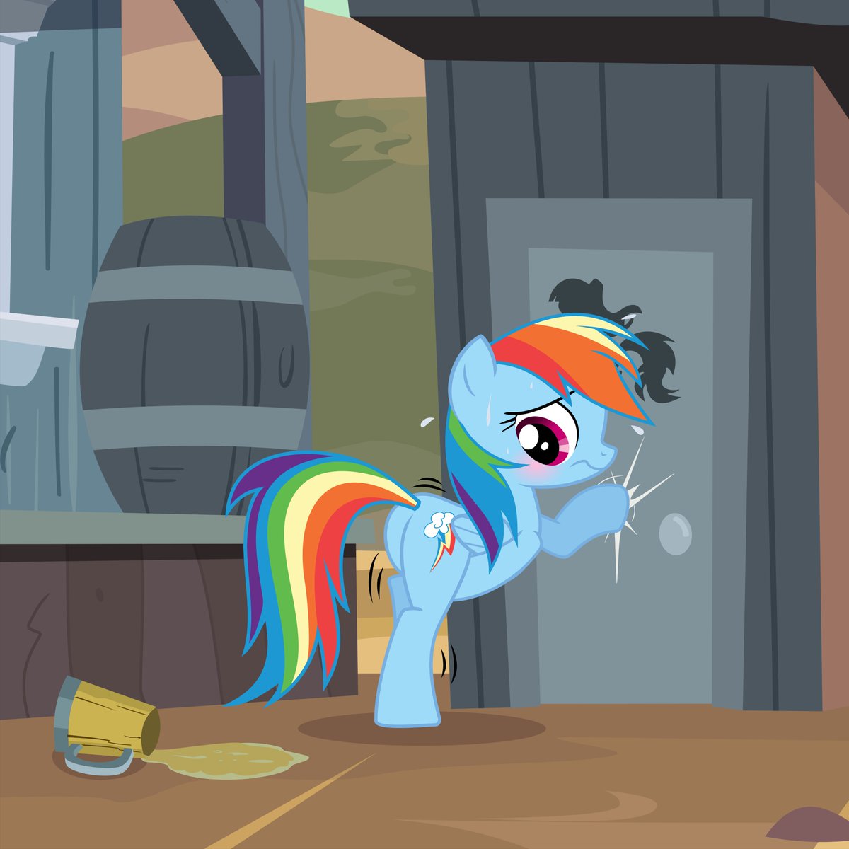 Ithinkitsdespe1's tweet photo. Don’t worry Rainbow. If you can’t hold it, you can just pretend that you spilled a LOT of cider. Though I guess that’s not too far from the truth. After all, it was cider once… 

This is a request I got from a Derpibooru user. It's not canon to my "Pony Potty Prevention" series. https://t.co/rWhZ4wqJmG