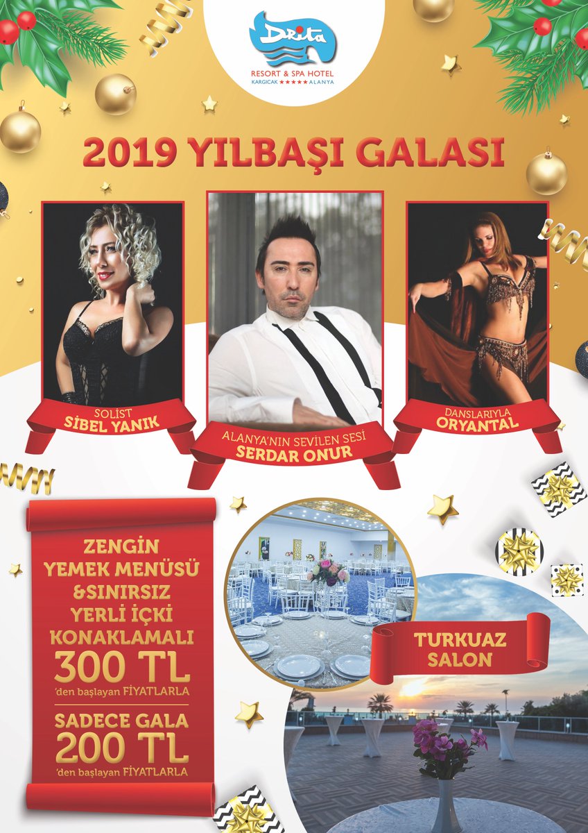 DritaHotel's tweet photo. 2019 yılbaşı galası 🎄Bilgi ve rezervasyon için: 0549 732 36 19 https://t.co/tM8oZslWPp
