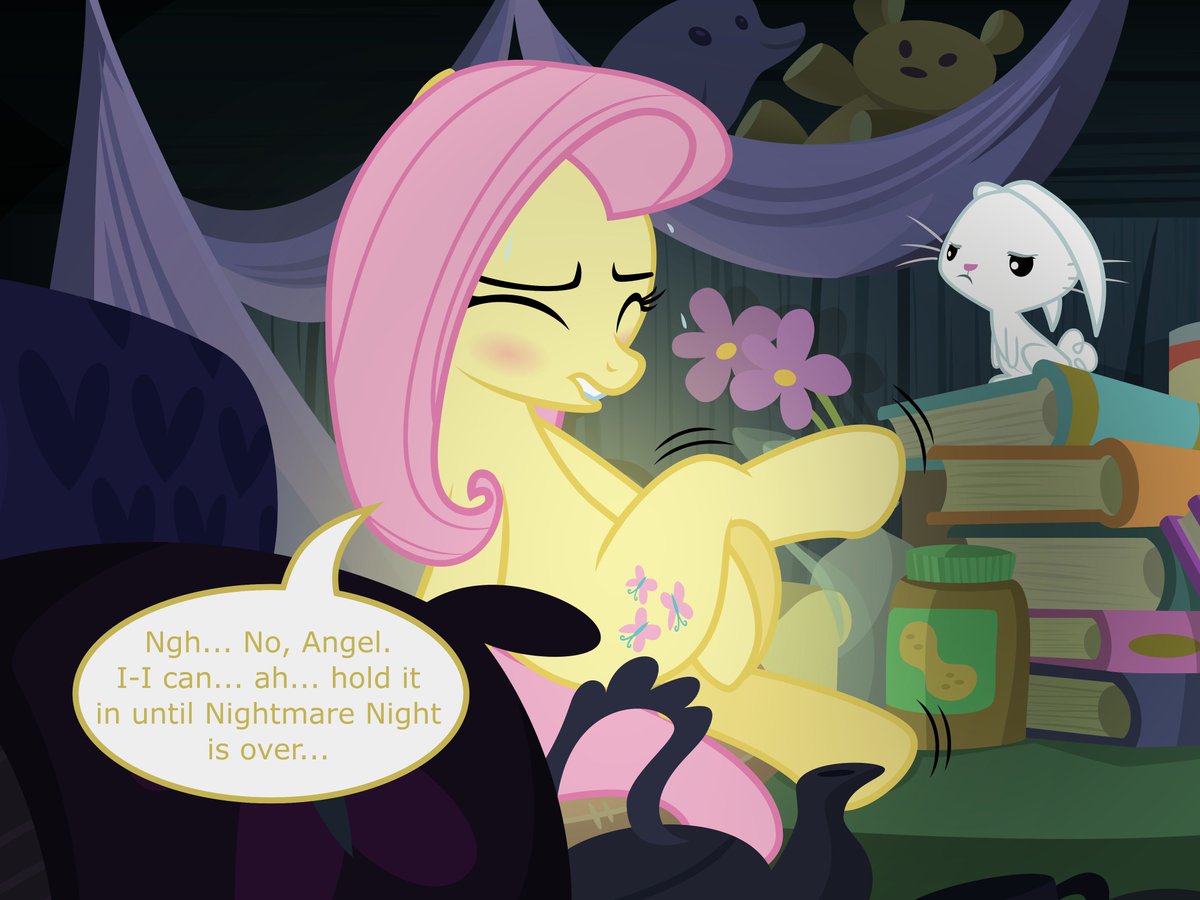 Ithinkitsdespe1's tweet photo. Angel has lived with Fluttershy for years, and if there’s one thing he’s learned, it’s not to trust her continence when Nightmare Night is involved. Though she seems pretty determined to stay where she is… https://t.co/ofJjAEG79k