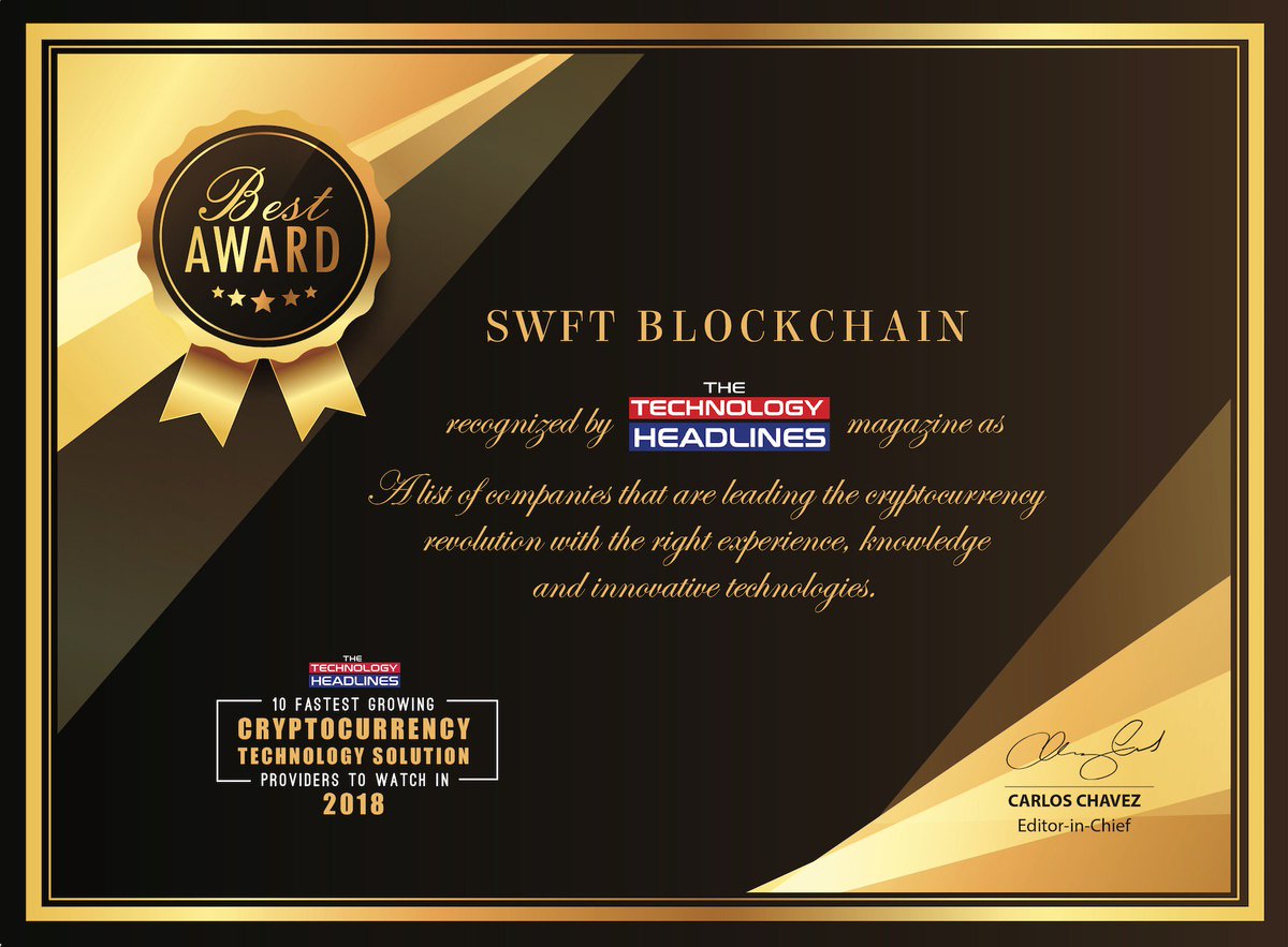 👏 🏅 📰 👏 Thank you to @TTHeadlines for this certificate recognizing us  as one of the top 10 Fastest Growing Cryptocurrency Technology Solution  Providers to Watch in 2018! #crypto #cryptocurrency #blockchain #awards  #swftblockchain $SWFTC