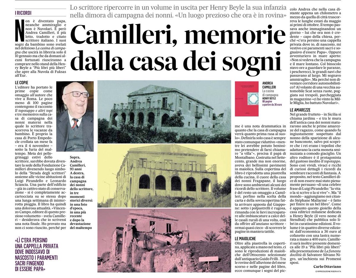 CarloOttaviano's tweet photo. In gennaio un nuovo libro di #Camilleri. Ma oggi alcune copie saranno in vendita solo a #piulibri18. Io l’ho letto ieri e lo racconto su @ilmessaggeroit. L’editore è #HenryBeyle https://t.co/F8frwYwkTG