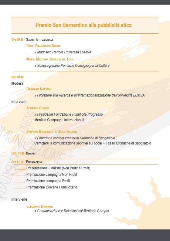 Il programma di oggi alla <a href="/UniLUMSA/">Università LUMSA</a> 
Il Premio al Giovane Pubblicitario assegnato da <a href="/Corepla_Riciclo/">Corepla_Riciclo</a> e quello alla migliore campagna Profit e Non Profit.
Chi vincerà tra @BNLBNPParibas_ <a href="/Ceres/">CeresOfficial</a> @Sorgenia #Chicco <a href="/ActionAidItalia/">ActionAid Italia</a> <a href="/amrefit/">Amref Italia</a> <a href="/emergency_ong/">EMERGENCY</a> <a href="/FAREXBENE/">FarexBene</a>? 
#PSB2018