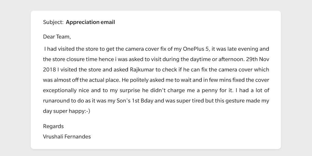 OnePlus_Support's tweet photo. Fast and honest service is what #OnePlusService is all about. Thank you Vrushali for your kind words https://t.co/oD6WACPUep
