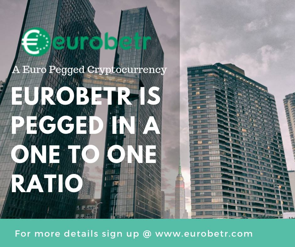 A Cryptocurrency that is pegged in a one to one Ratio 
For more details sign up @ eurobetr.com
#eurobetr  #betr_euro #coin  #cryptocurrency #bitcoin #btc #ethereum #ico #altcoin #exchange #cryptocoin #ripple #fiatpegged #decentralised #cyptonews