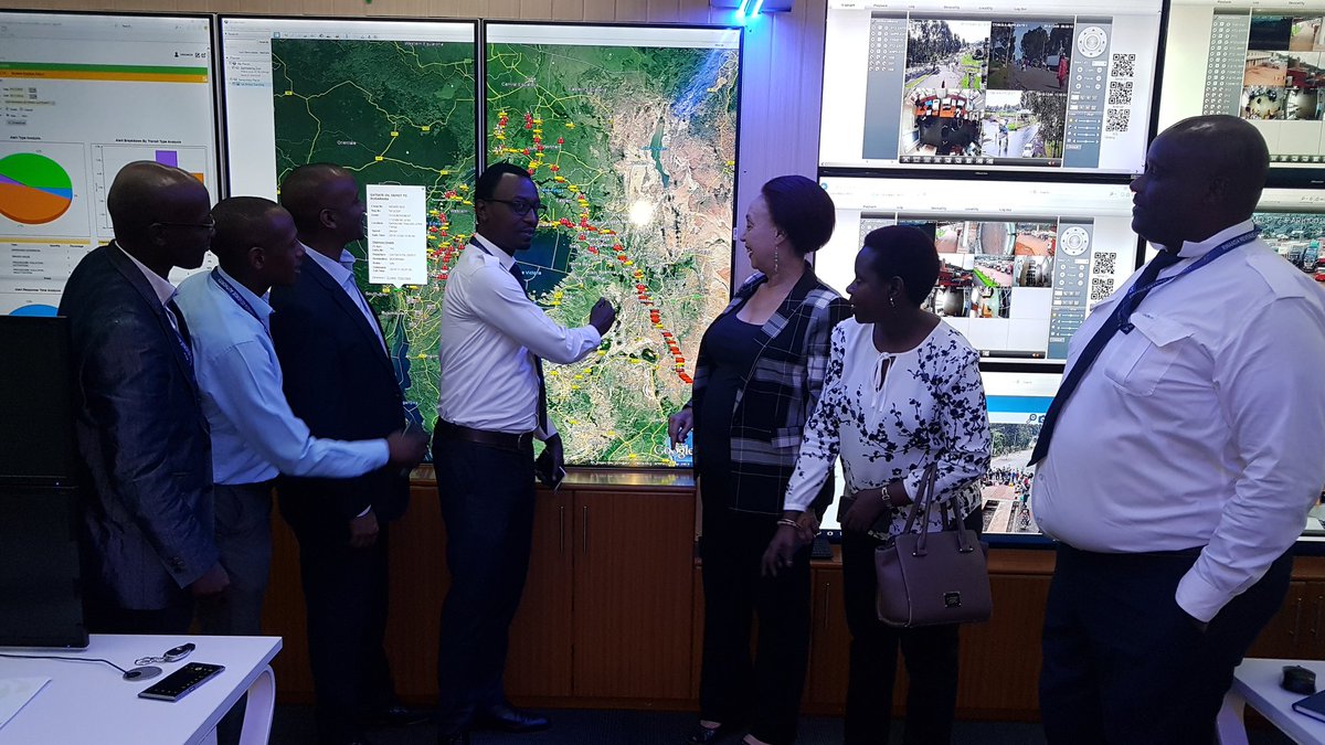 rrainfo's tweet photo. Two @TradeMarkEastA Board members headed by Hon. Prof Maggie Kigozi visit #RRA Regional Electronic Cargo Tracking monitoring center in Kigali. @MaggieKigozi https://t.co/33iC0WzlIw