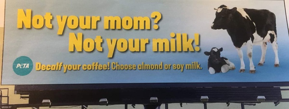 Latitgo's tweet photo. @meatymcsorley @herb_a_saur Agreed, thus far. Given their brand recognition, we should kindly harass them more to do better. They occasionally do good ads like this latest billboard #PETA #decalf https://t.co/DHX4hLtw4n