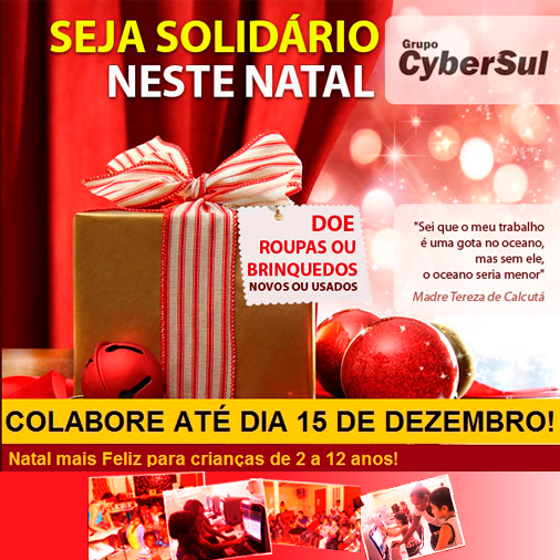 GrupoCyberSul's tweet photo. O @GrupoCyberSul está organizando a campanha #NatalSolidário e está arrecadando roupas e brinquedos para uma instituição de caridade. Os presentes podem ser doados diretamente em nossas unidades de #portoalegre e #saopaulo. Participe!! #natal #brinquedos #roupas #caridade https://t.co/UGpGOF7yQW